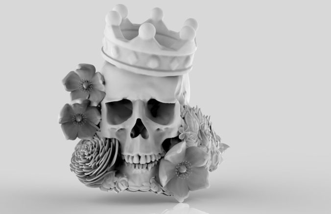 Detailed Realistic Jewelery element Man Skull Flowers and Crown 3D print model