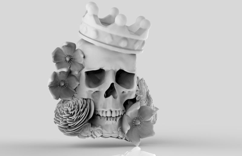 Detailed Realistic Jewelery element Man Skull Flowers and Crown 3D print model_4