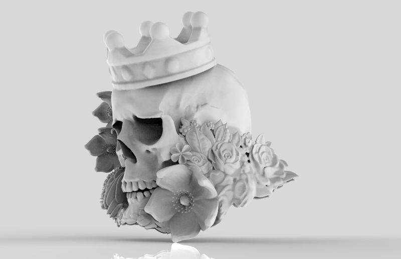 Detailed Realistic Jewelery element Man Skull Flowers and Crown 3D print model_1