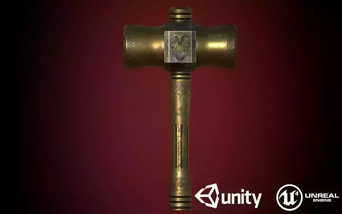 Medieval Golden Battle Hammer Low-poly 3D model