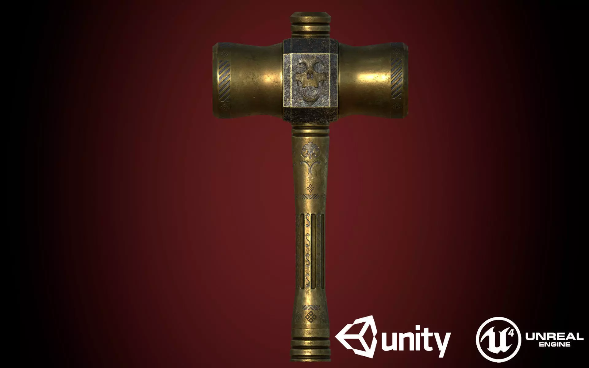 Medieval Golden Battle Hammer Low-poly 3D model_0