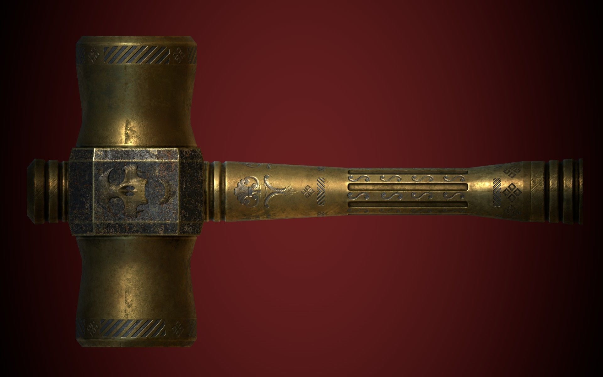 Medieval Golden Battle Hammer Low-poly 3D model_19