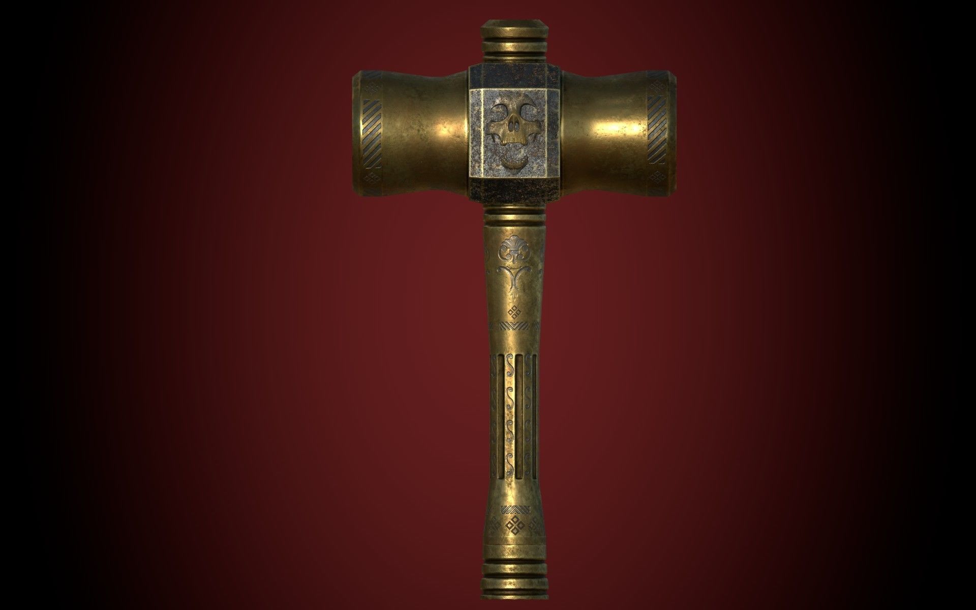Medieval Golden Battle Hammer Low-poly 3D model_3