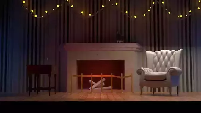 Christmas Room with fireplace and christmas lights