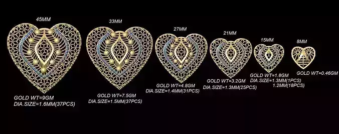 vrpnd2841 heart shaped pendants in gold and silver