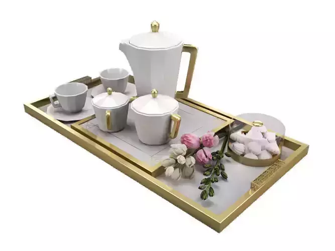 furniture set gold tray with coffee cups and teapots 3D model