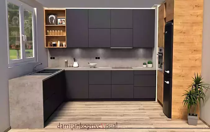 modern kitchen black concrete oak