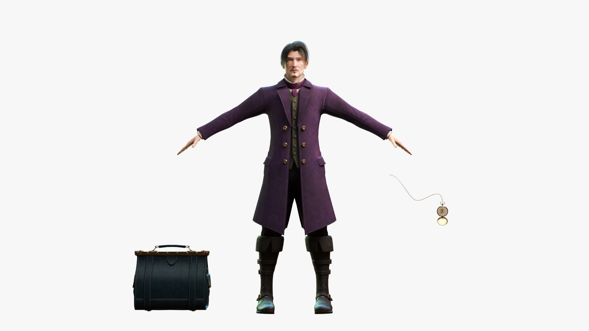 Watcher man in suit holding suitcase 3D model_2