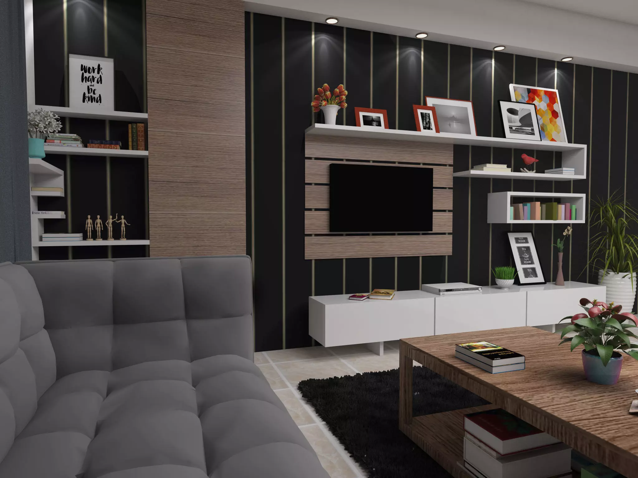 Black and white living room scene 3D model_0