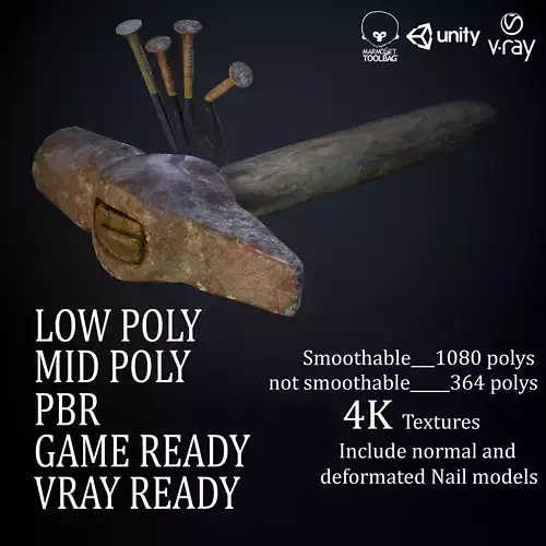 OLD HAMMER WITH NAILS Low-poly 3D model