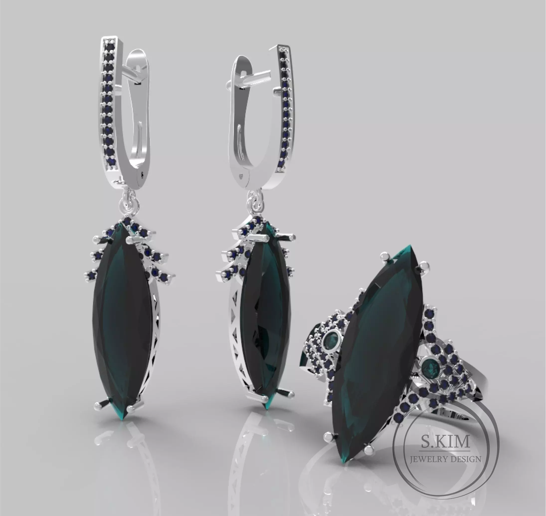 Ring and earrings with marquise 3D print models 3D print model