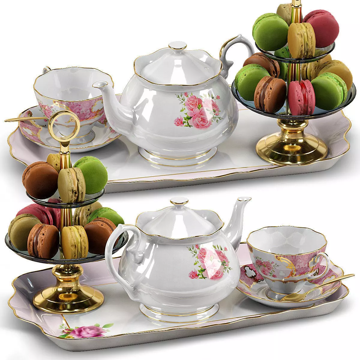 Tea Set with macaroons 3D model_0