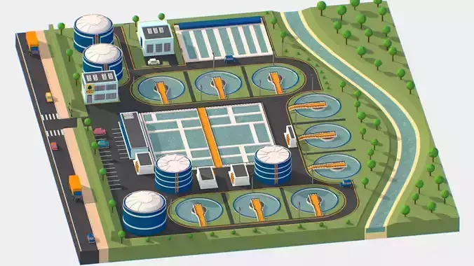 Isometric Water Treatment Plant Large Size Low-poly 3D model