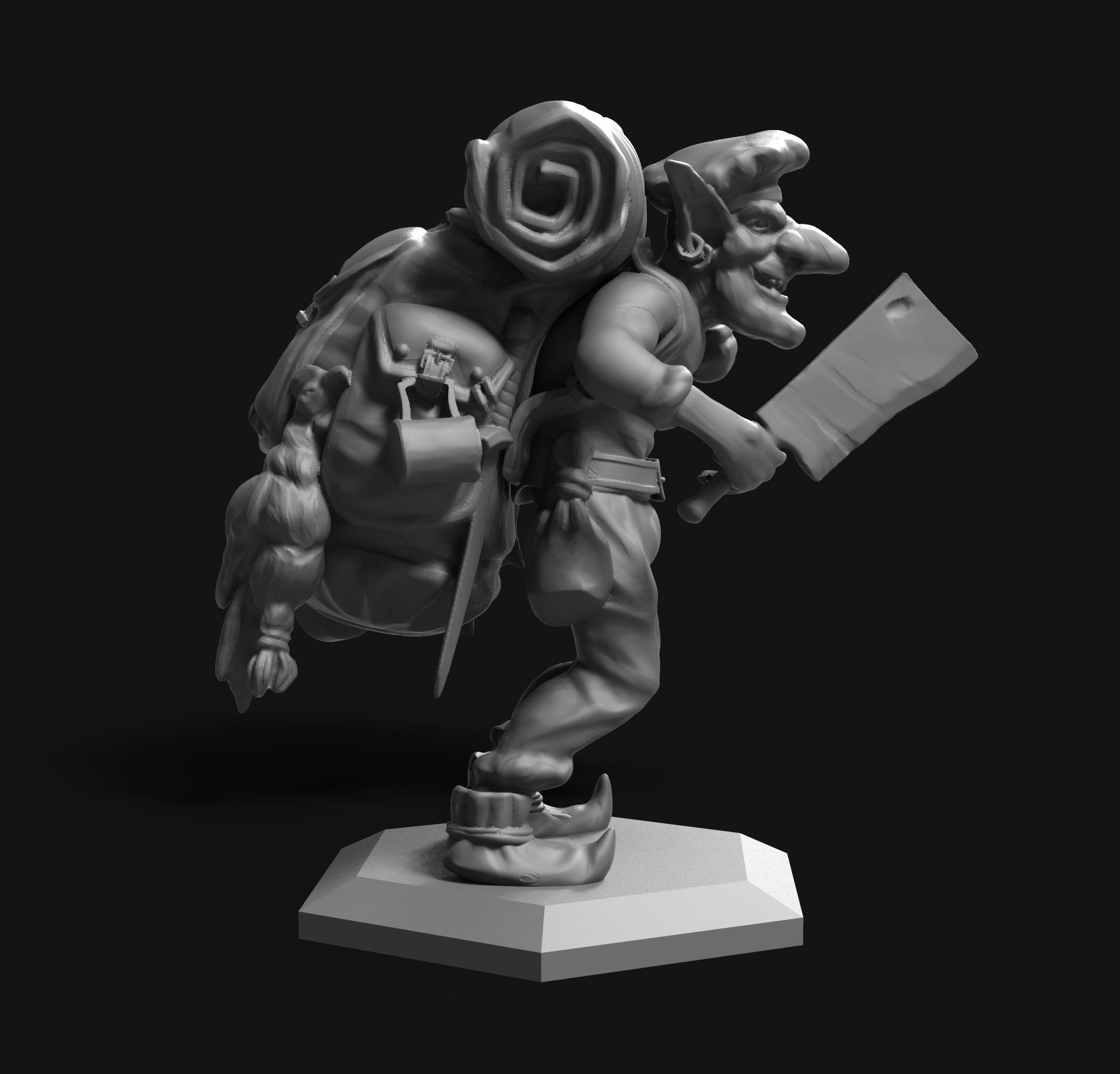 Goblin man with backpack carrying knife 3D print model_1