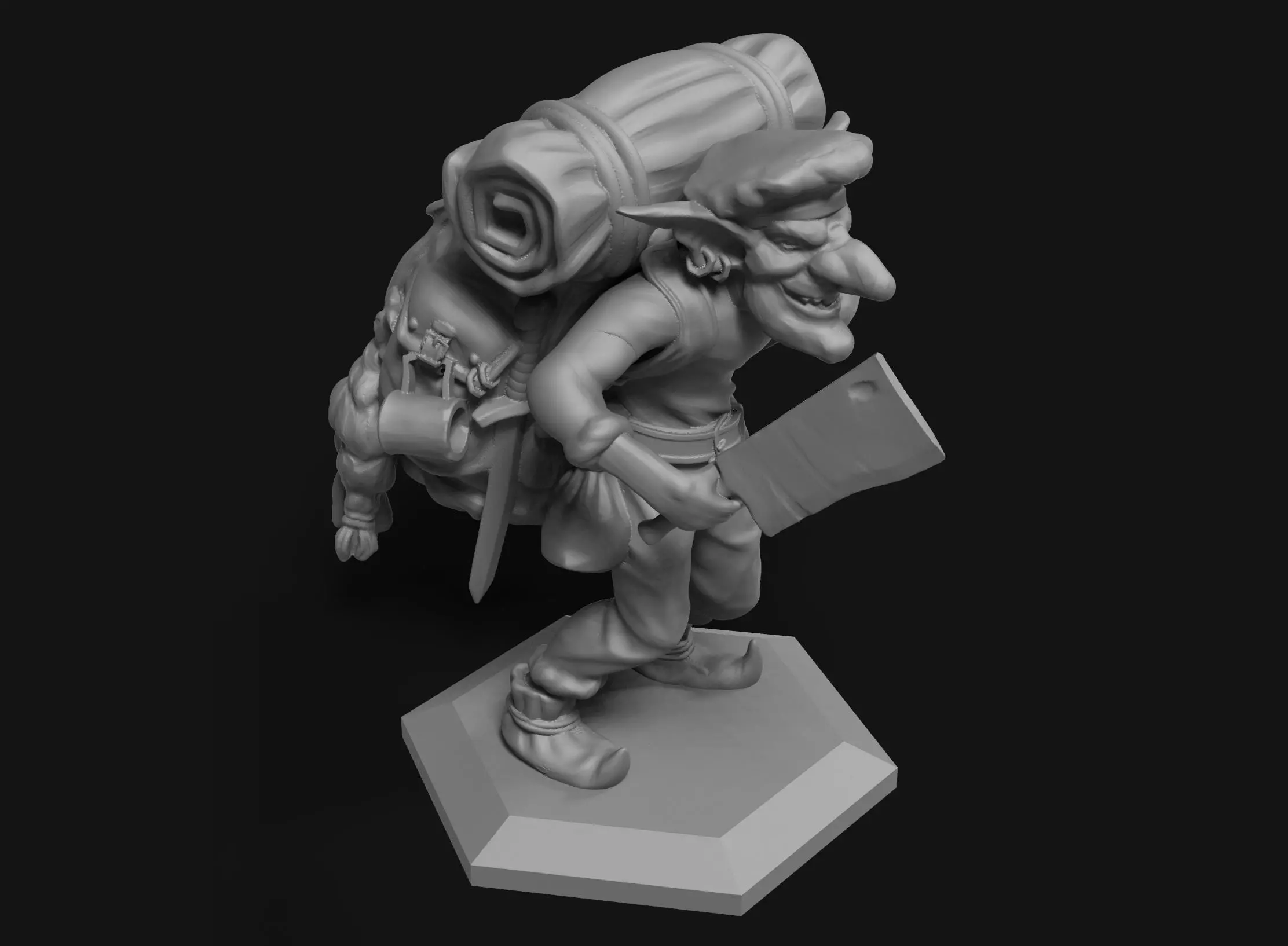 Goblin man with backpack carrying knife 3D print model_0