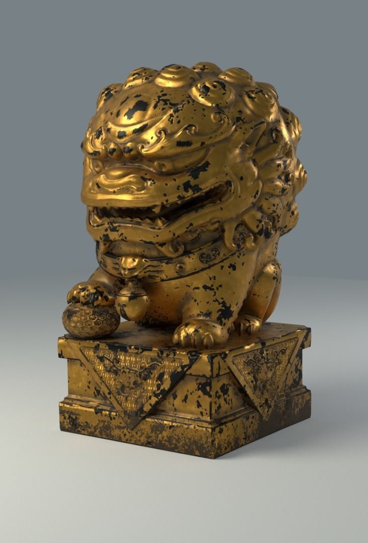 Stylized Chinese Guardian Lion Statue 3D model_1