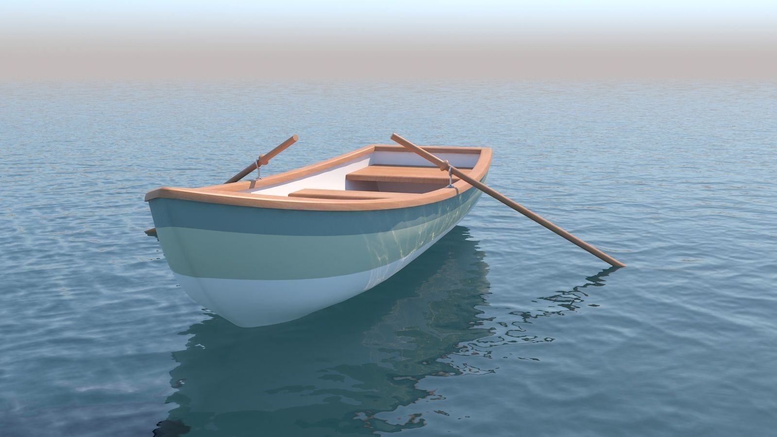 Rowboat wooden boat floating on water 3D model_2