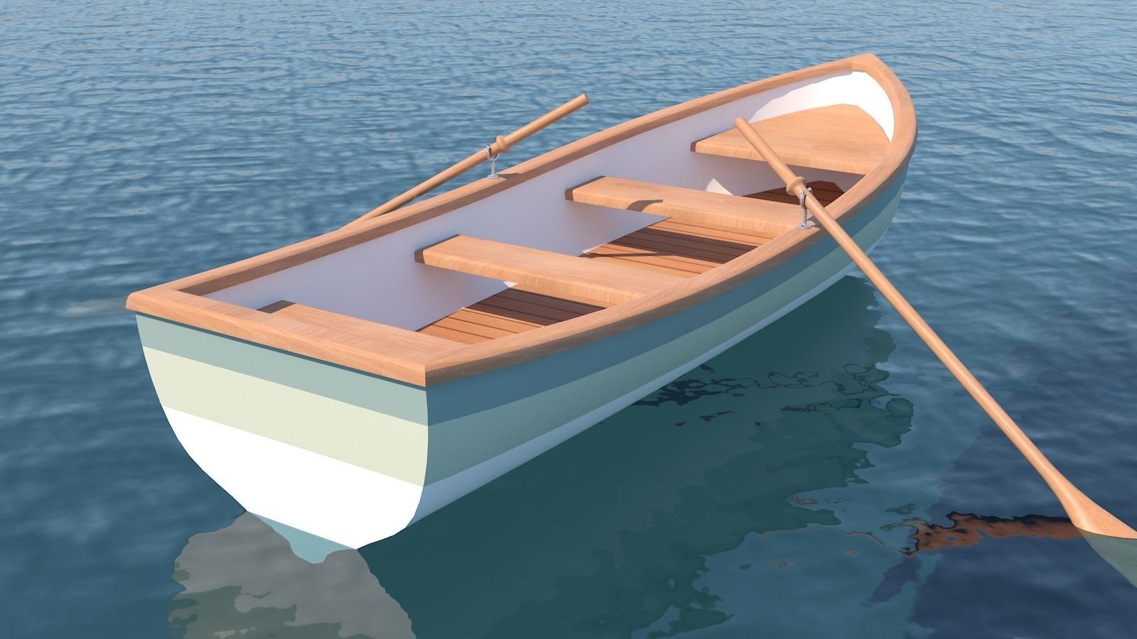 Rowboat wooden boat floating on water 3D model_3