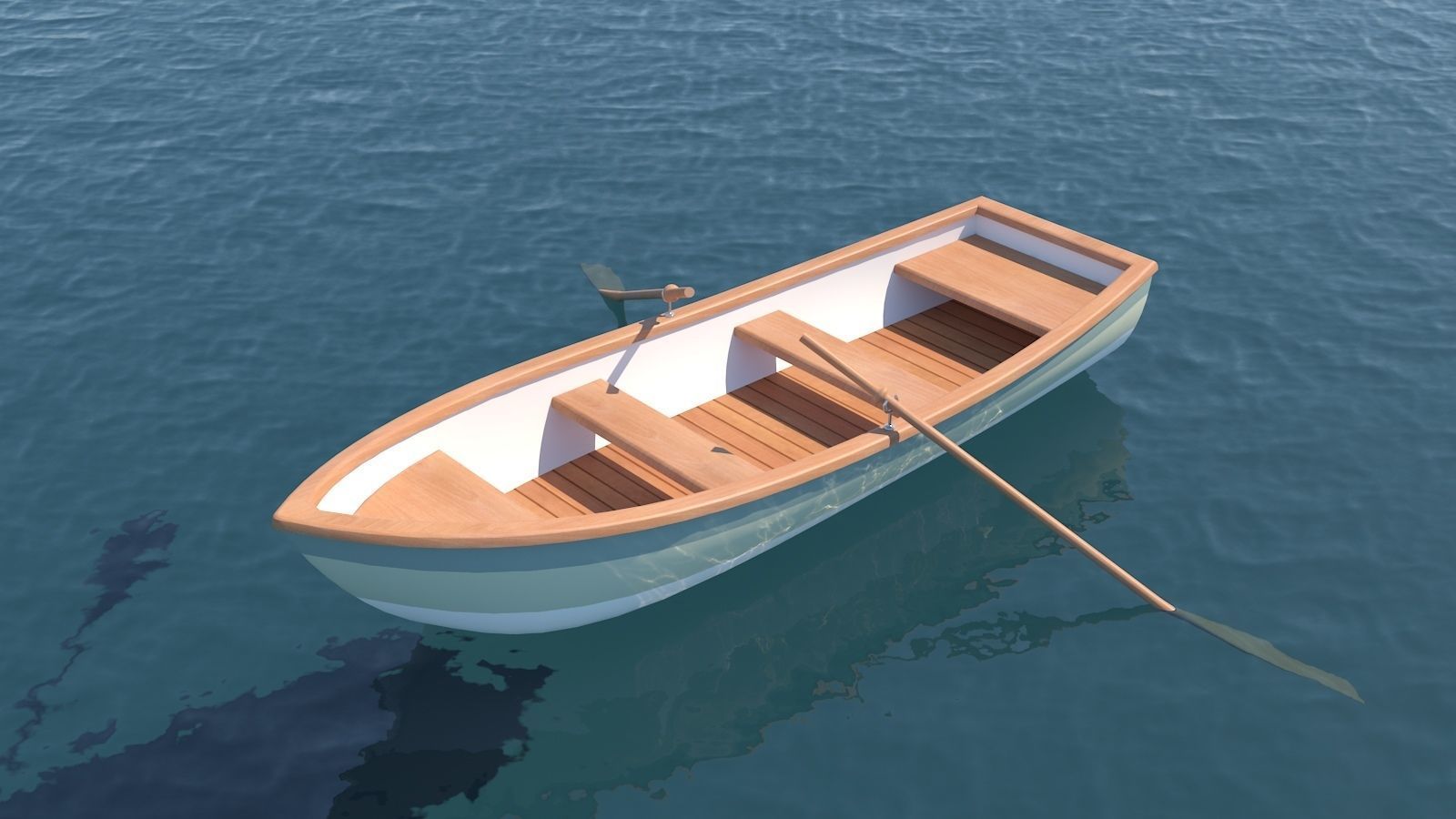 Rowboat wooden boat floating on water 3D model_1