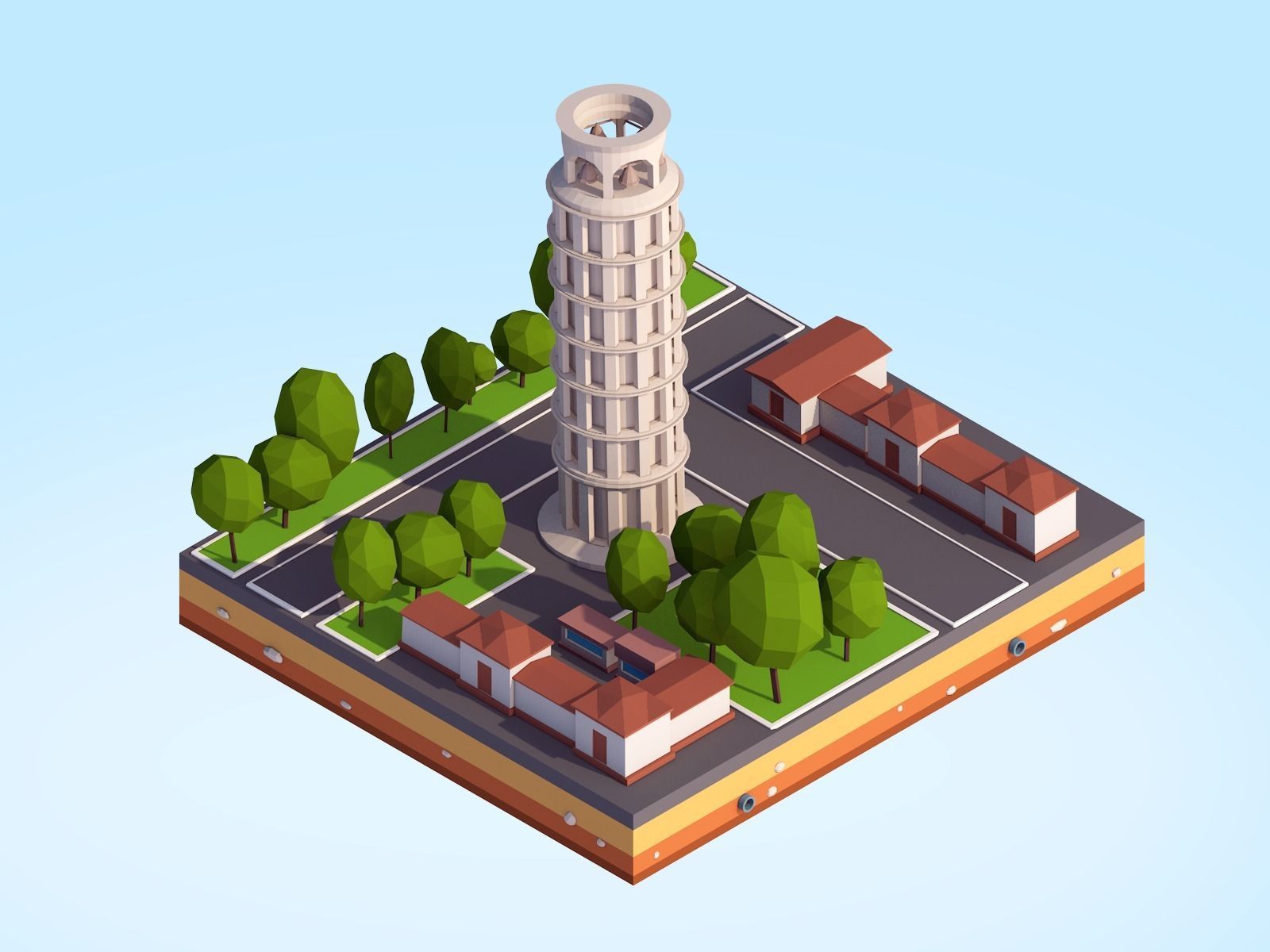 Cartoon Low Poly Pisa Tower Low-poly 3D model_2
