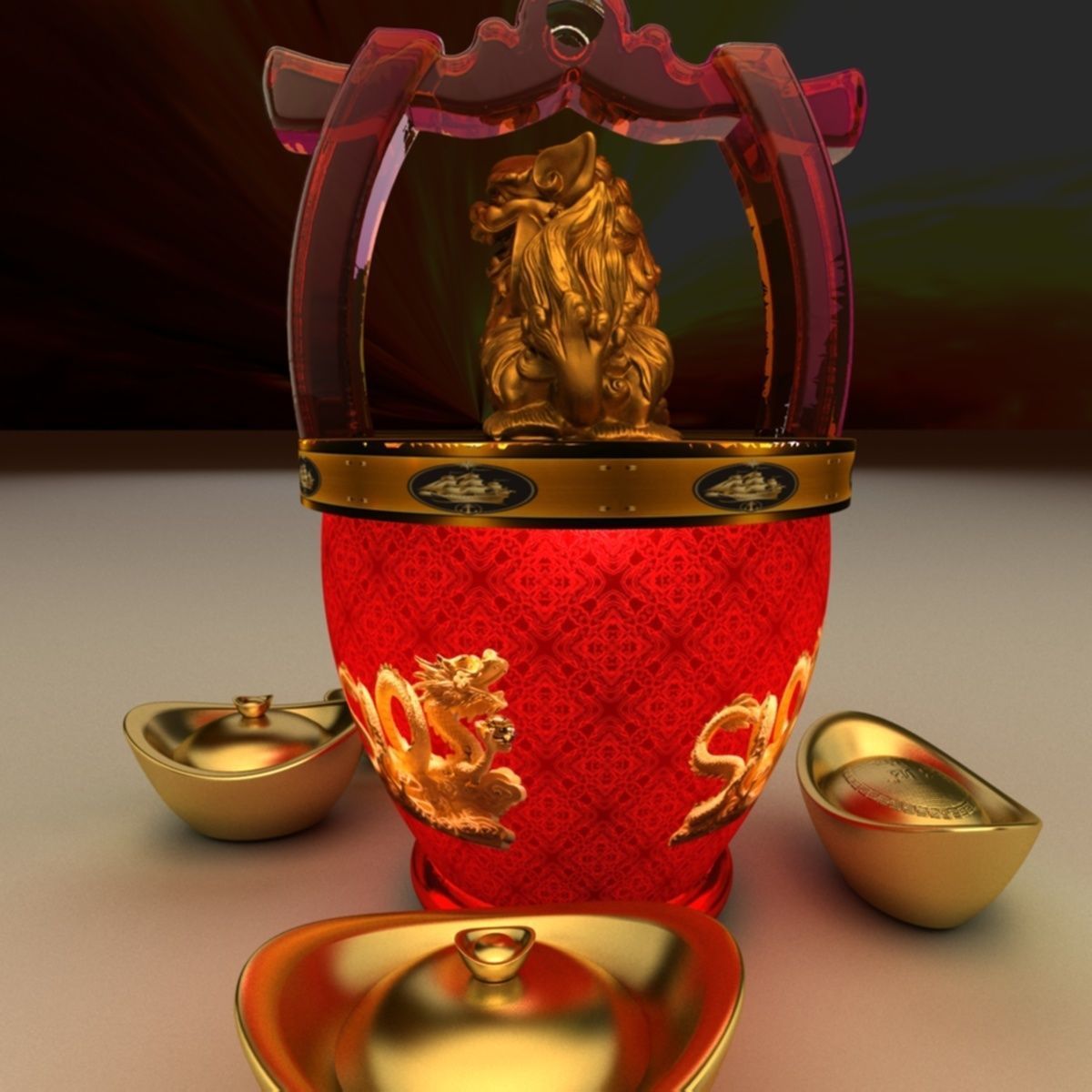 Chinese lion and Gold Ingot 3D model_4
