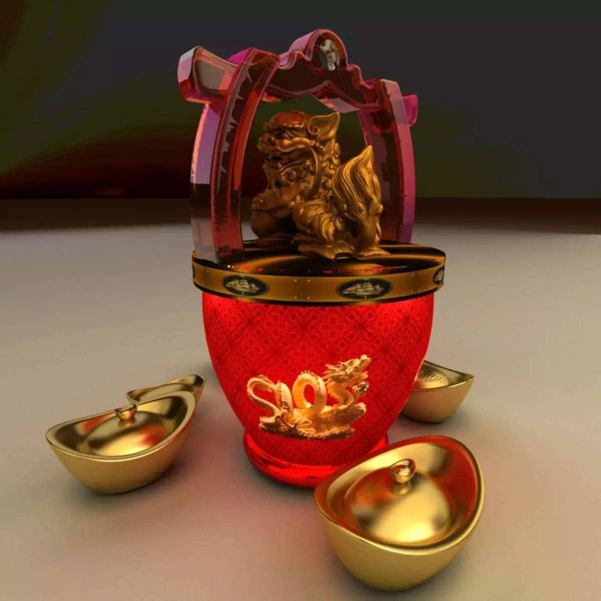 Chinese lion and Gold Ingot 3D model_0