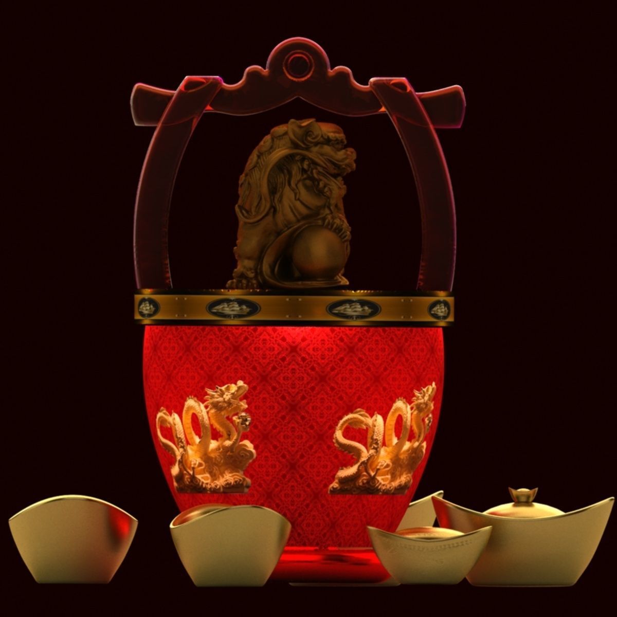 Chinese lion and Gold Ingot 3D model_3