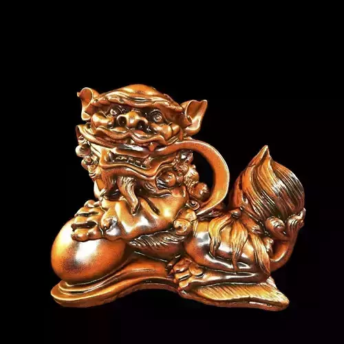 Chinese wooden lion statue