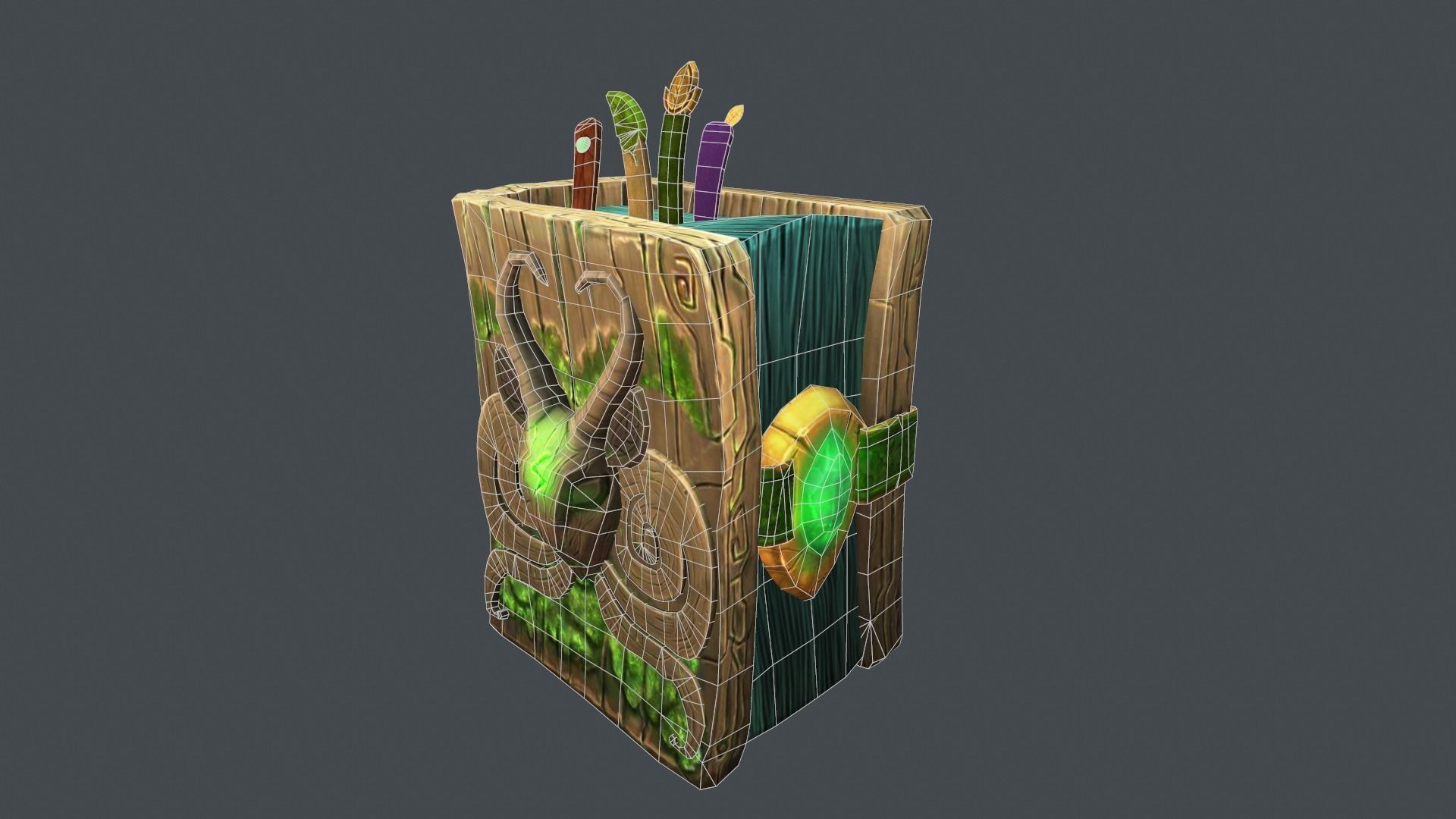 Books wooden box with leaves Low-poly 3D model_3