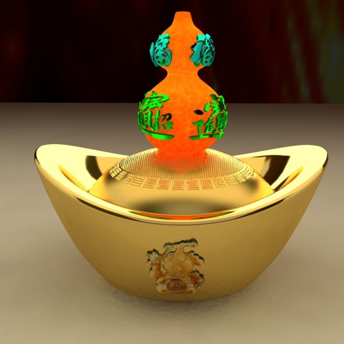 Chinese gold ingot with Gourd 3D model_1