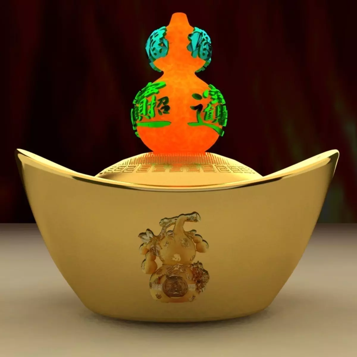 Chinese gold ingot with Gourd 3D model_0