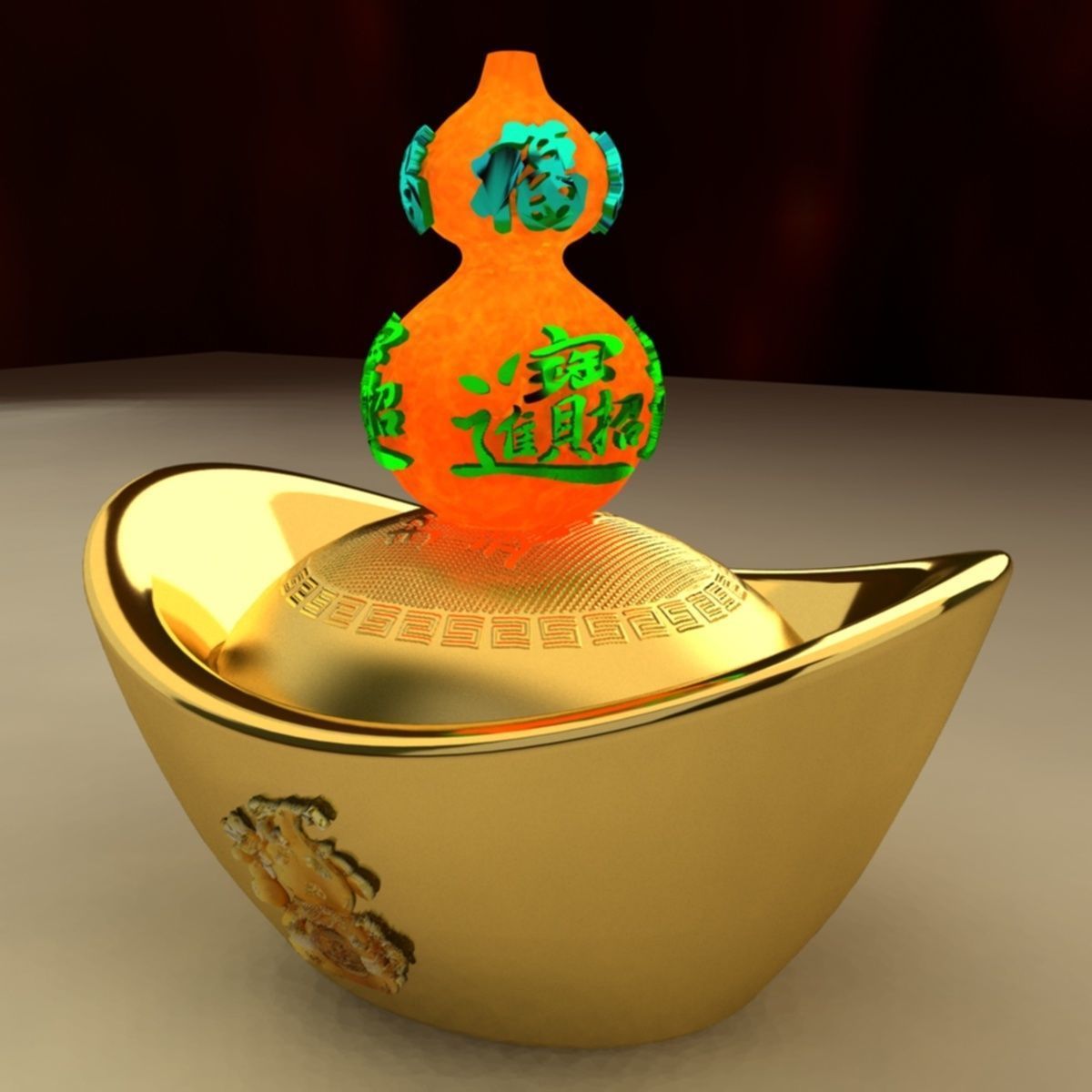 Chinese gold ingot with Gourd 3D model_3