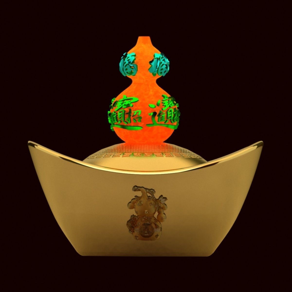 Chinese gold ingot with Gourd 3D model_2