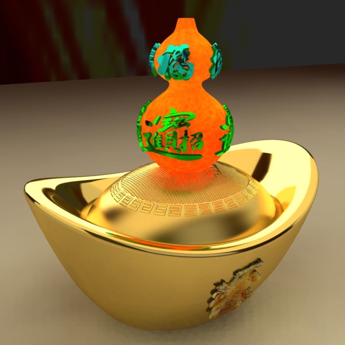 Chinese gold ingot with Gourd 3D model_4