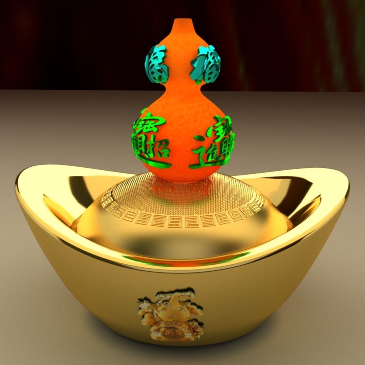 Chinese gold ingot with Gourd 3D model_5