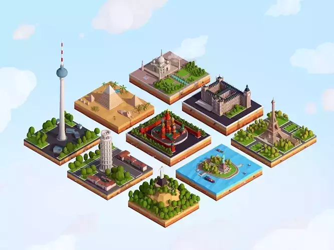 Polygonia World Landmarks Low Poly Bundle Low-poly 3D model