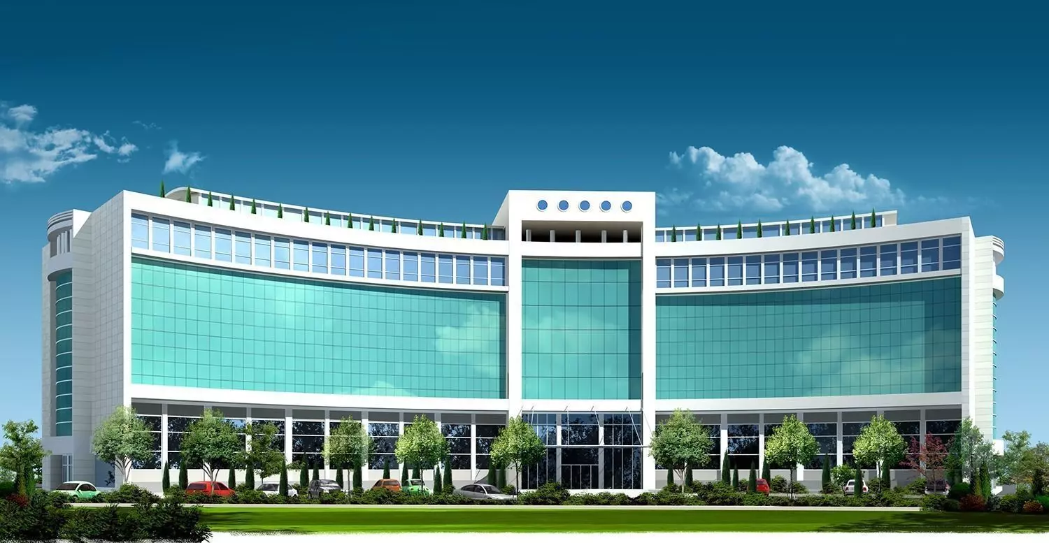 hospital office building in middle of grassy field 3D model_0