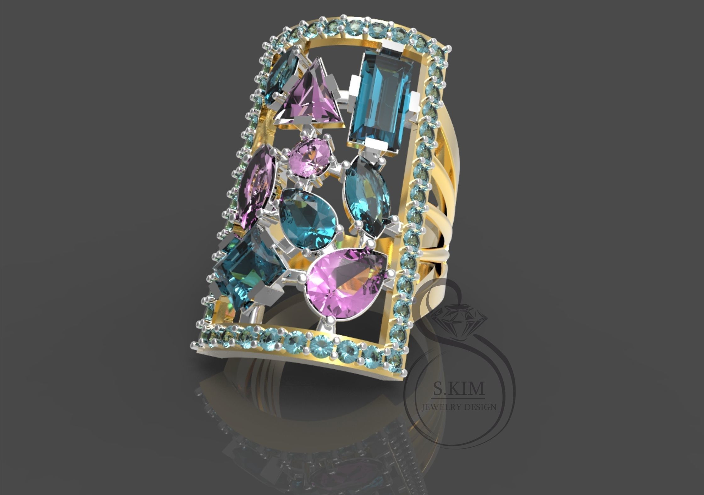Rectangular Ring with different gems 3D Print Model 3D print model_2