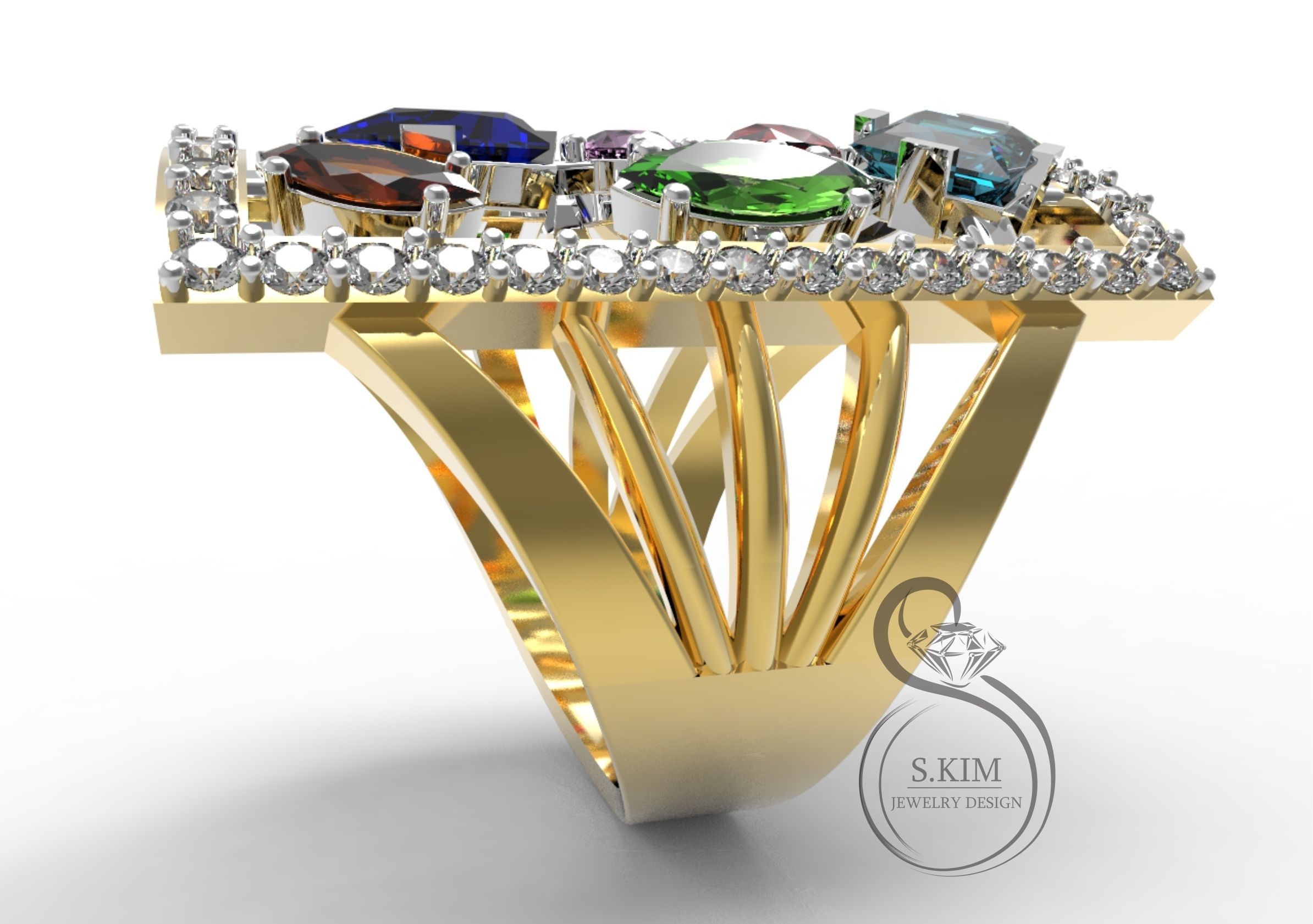 Rectangular Ring with different gems 3D Print Model 3D print model_3