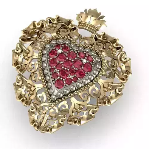 Heart ornate gold brooch with rubies and diamonds