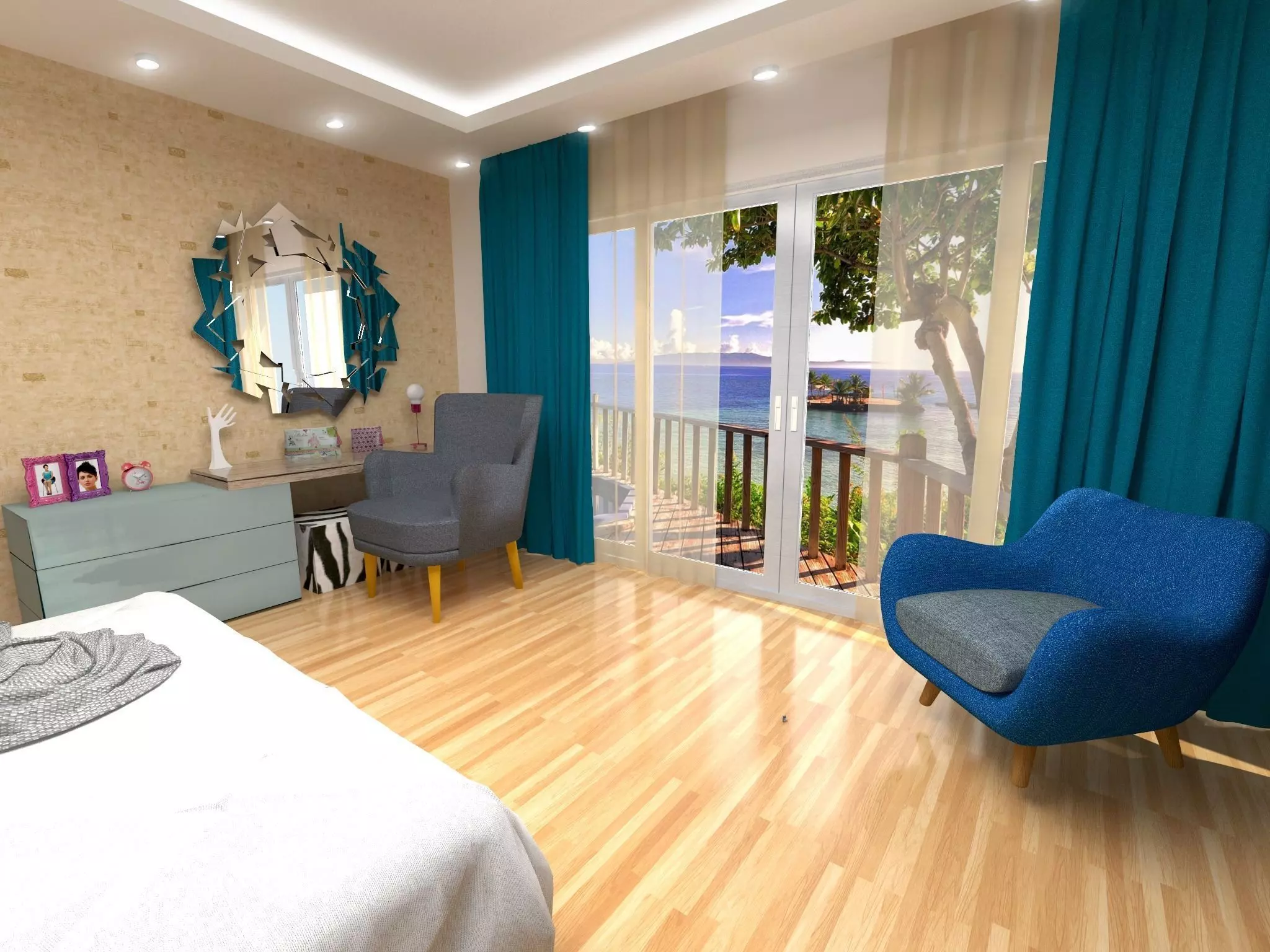 Beach  bedroom interior scene 3D model_0