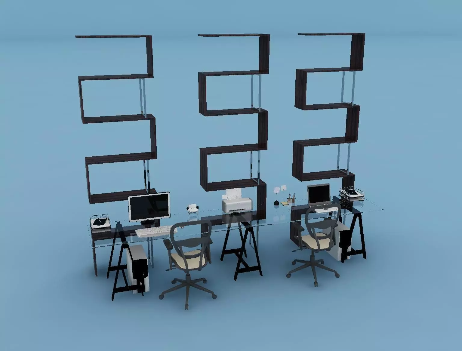 worktable computer desk with three bookshelves 3D model