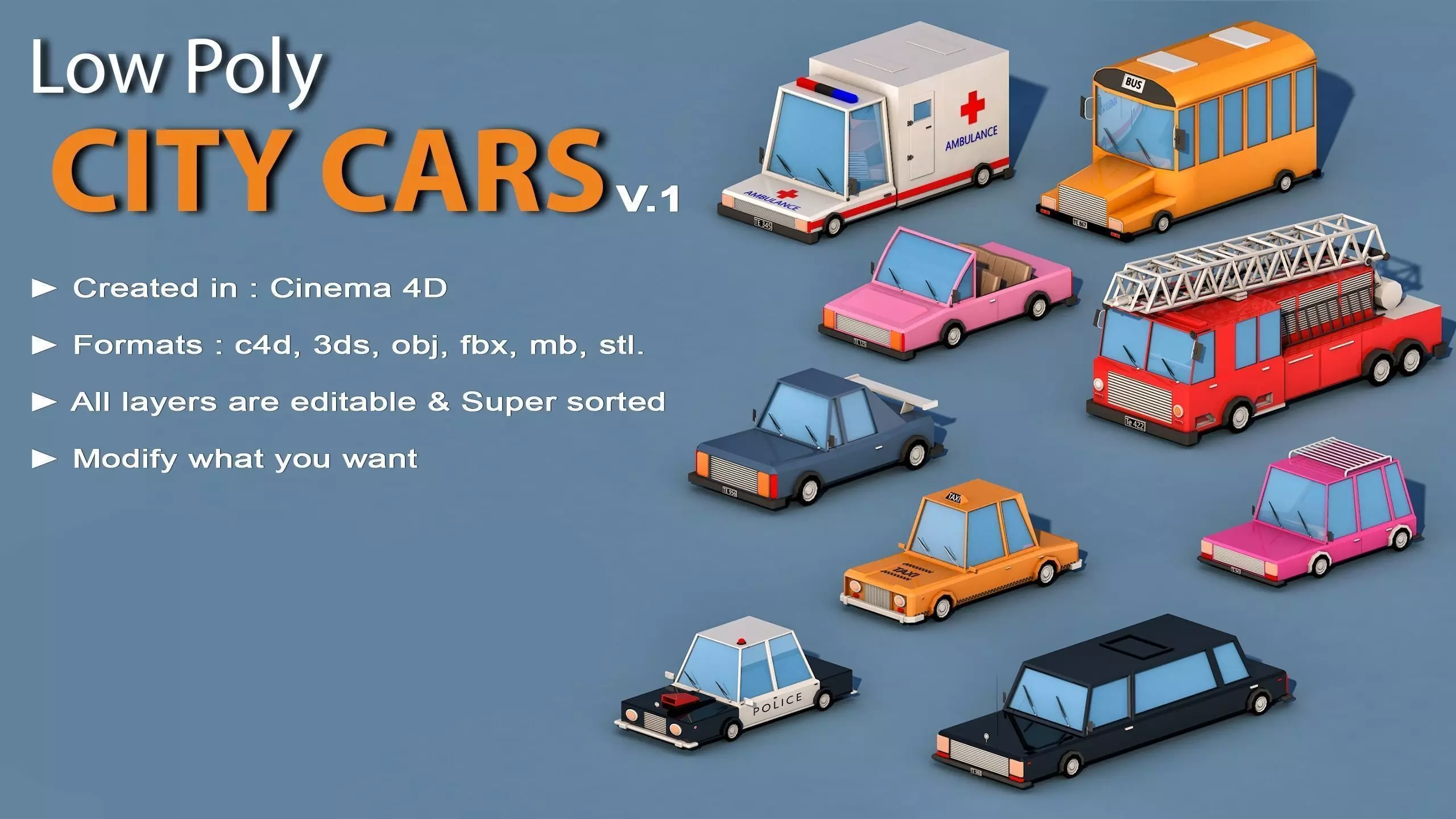 Cartoon City Cars v1 Low-poly 3D model