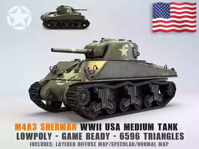 Low Poly M4A3 Sherman Medium Tank Low-poly 3D model