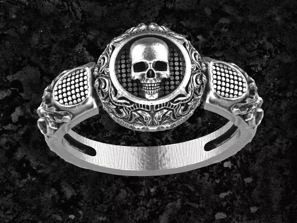 Skull-ring22 silver skull ring with ornate design 3D print model_0