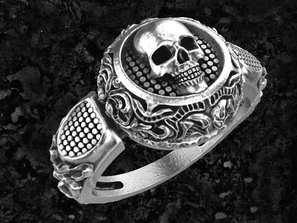 Skull-ring22 silver skull ring with ornate design 3D print model_1
