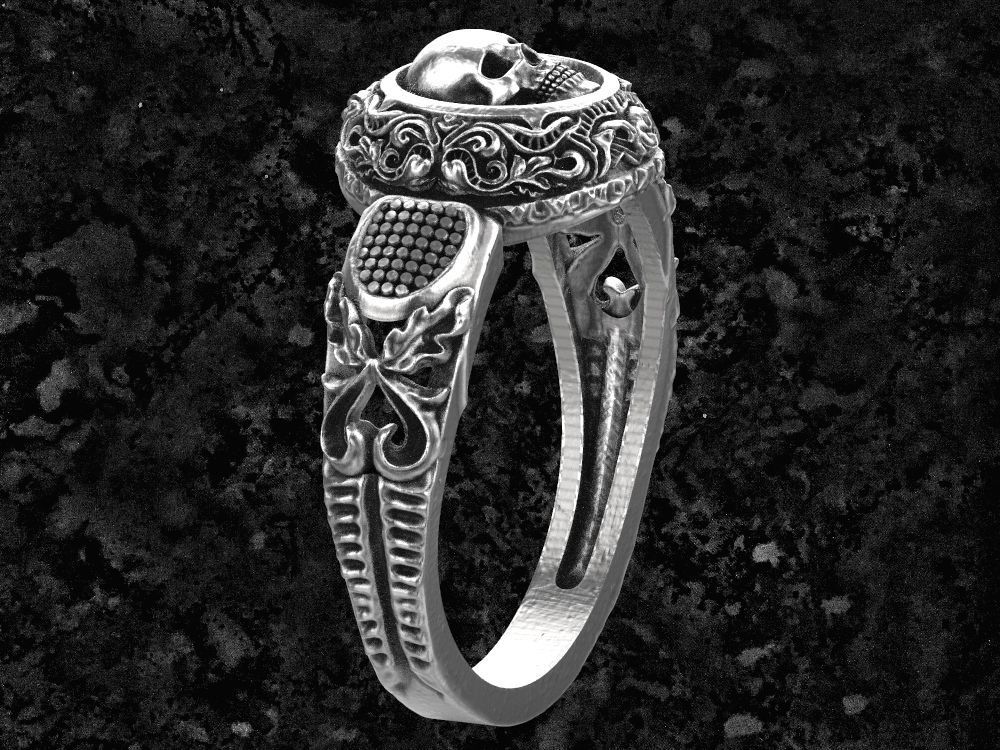 Skull-ring22 silver skull ring with ornate design 3D print model_2