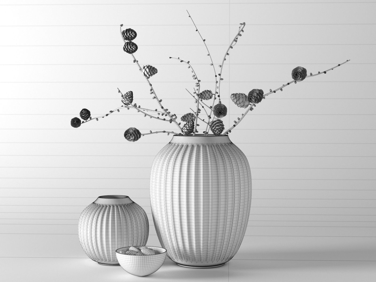 Hammershoi Vases with Pine Cone Branches 3D model_3