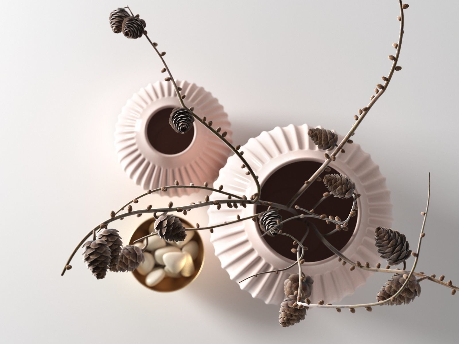 Hammershoi Vases with Pine Cone Branches 3D model_1