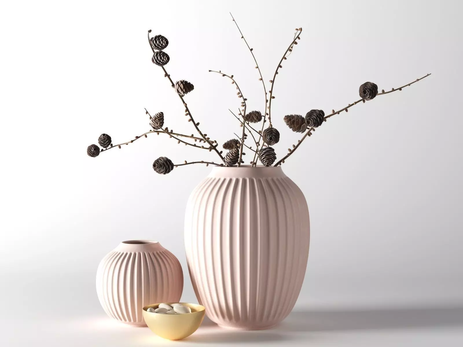 Hammershoi Vases with Pine Cone Branches 3D model_0